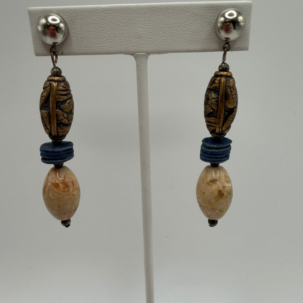 Natural Stone Beaded Drop Earrings Bronze Blue‎ Stone Boho Dangle Post Back